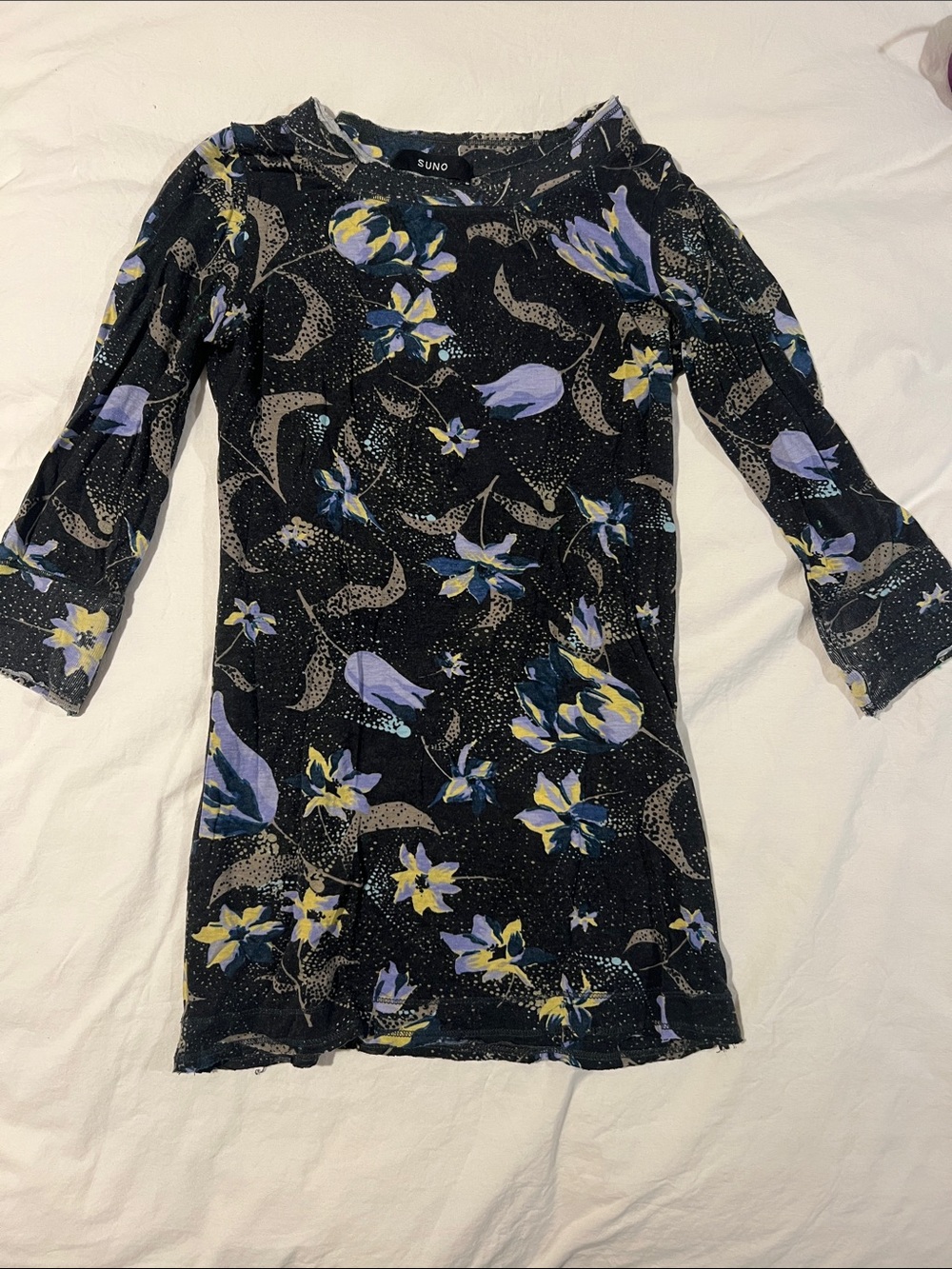 SUNO Black Floral Boatneck long shirt with Purple & Yellow Blooms